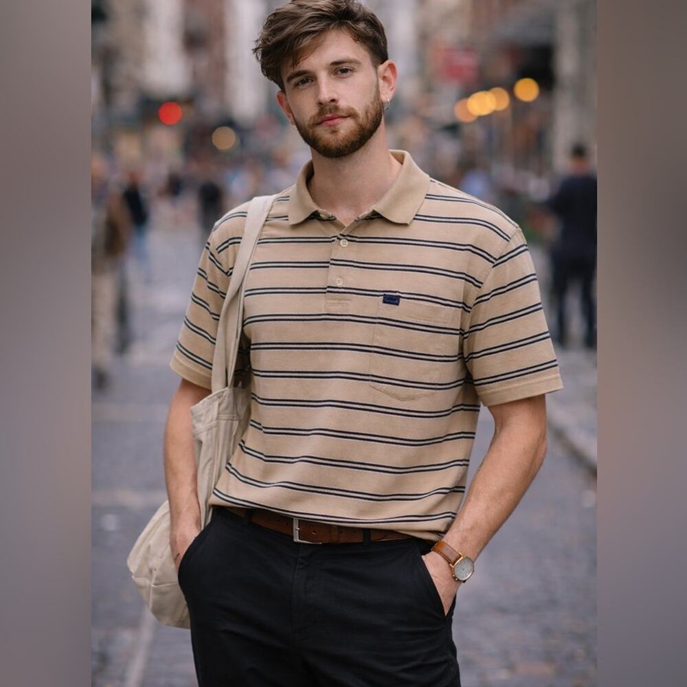Faconnable Tan Black Striped Polo Shirt L Cotton Classic Preppy Euro Style